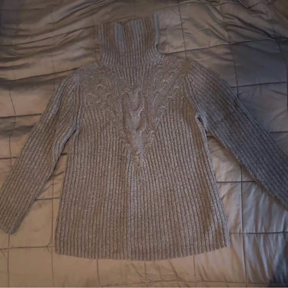 Lands' End Gray Cable Knit Turtleneck Sweater